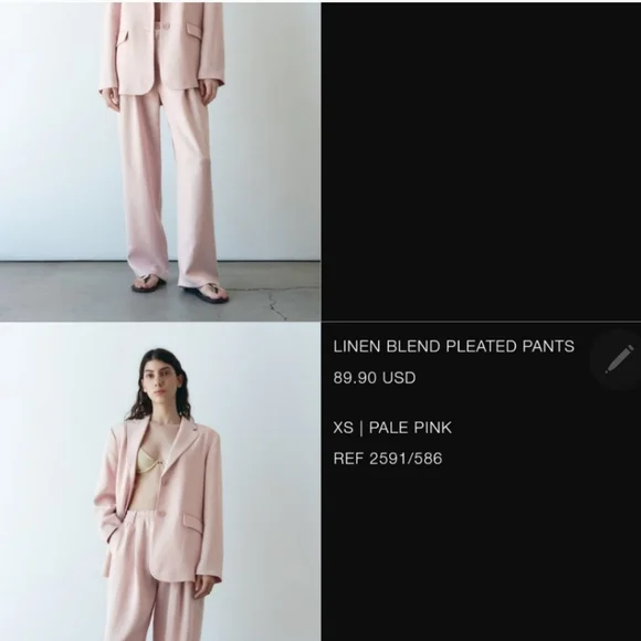 Linen blend suit blazer and pleated pants pink Zara size XS - Picture 5 of 7